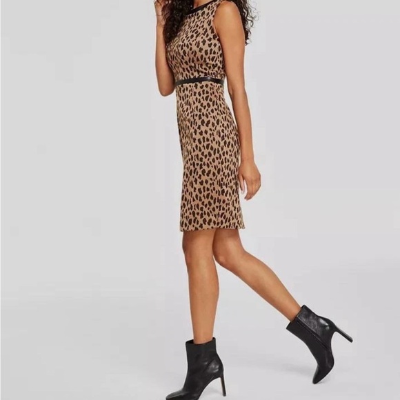 NWT Kasper Women Cheetah Print Animal-Jacquard Faux-Leather-Trim Sheath Sz 10 - Picture 2 of 10